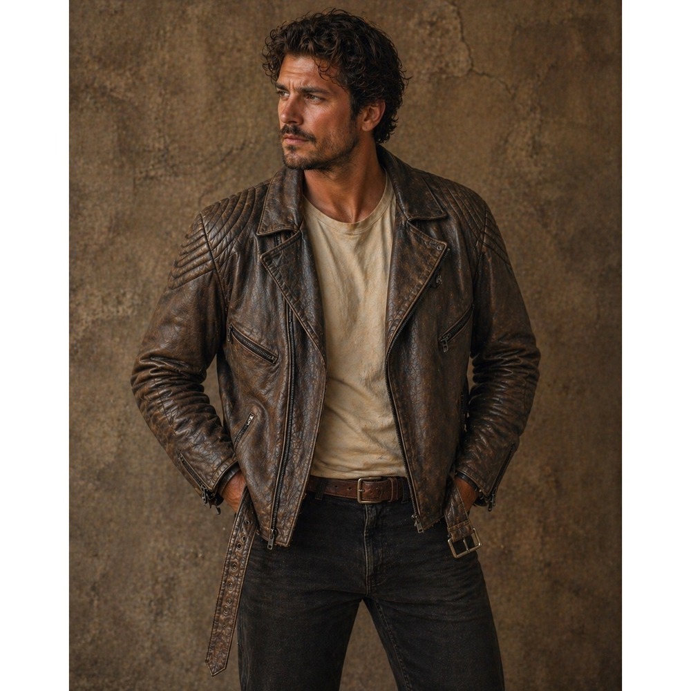 Diamond Leather Distressed Brown Biker Motorcycle Padded Belted Jacket Sz XL